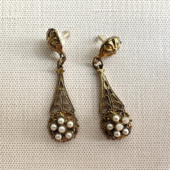 Vintage Gold Tone Filigree Dangle Earrings With Faux Seed Pearls For Pierced Ear - Picture 8 of 10